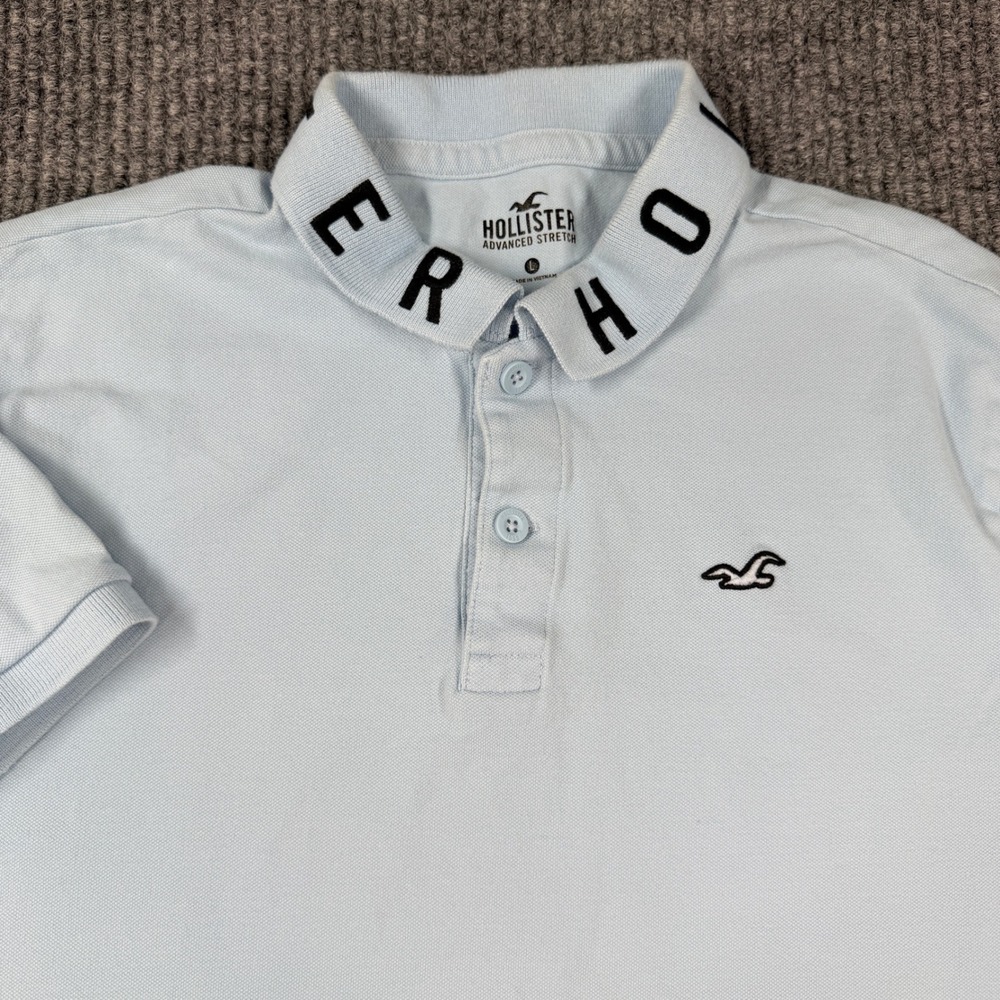 Hollister Polo Shirt Mens Large Light Blue Advanced Stretch Short Sleeve Logo